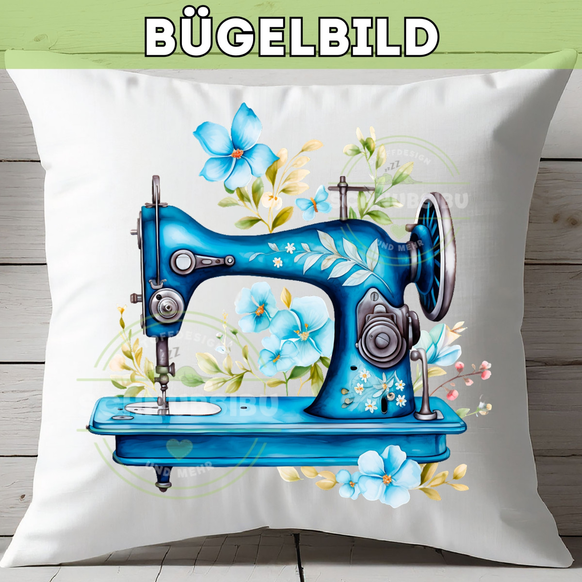 Bügelbild Nähmaschine blau